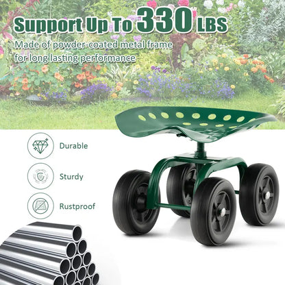 Wheeled Garden Utility Cart, Adjustable Swivel-Seat Cart for Lawn and Landscape Tasks