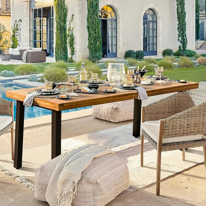 Devoko Acacia Wood Dining Table  Rustic 6-Person Indoor/Outdoor Table with Iron Legs & Sandblasted Natural Finish (69″ x 33″ x 30″)