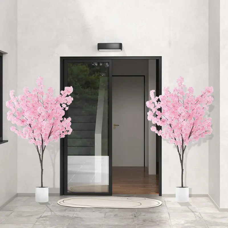 6.5-Foot Artificial Cherry Blossom Tree  Pink Blooming Faux Plant in Cement Planter