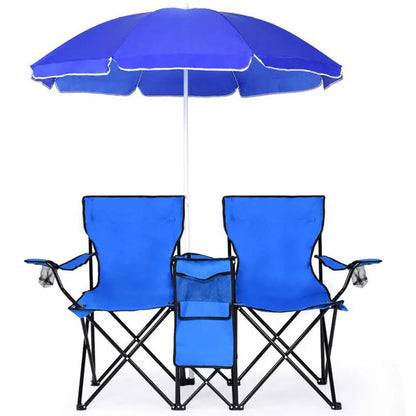 Compact Double Picnic Chair Set with Umbrella, Mini Table, Beverage Holders & Carry Bag