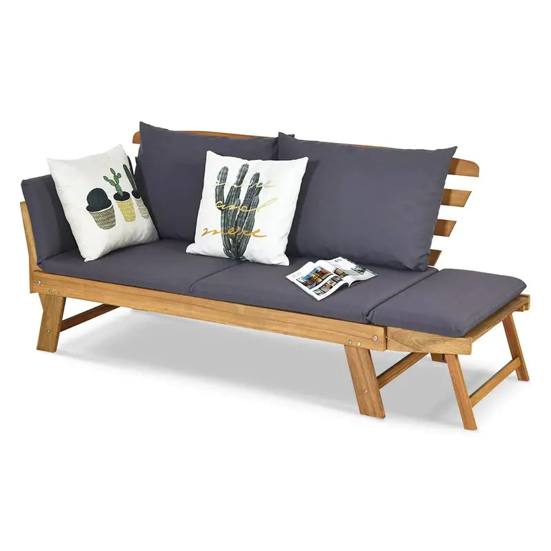 Acacia Wood Outdoor Daybed  Convertible Sofa Bed with Adjustable Armrests & Lounge Function