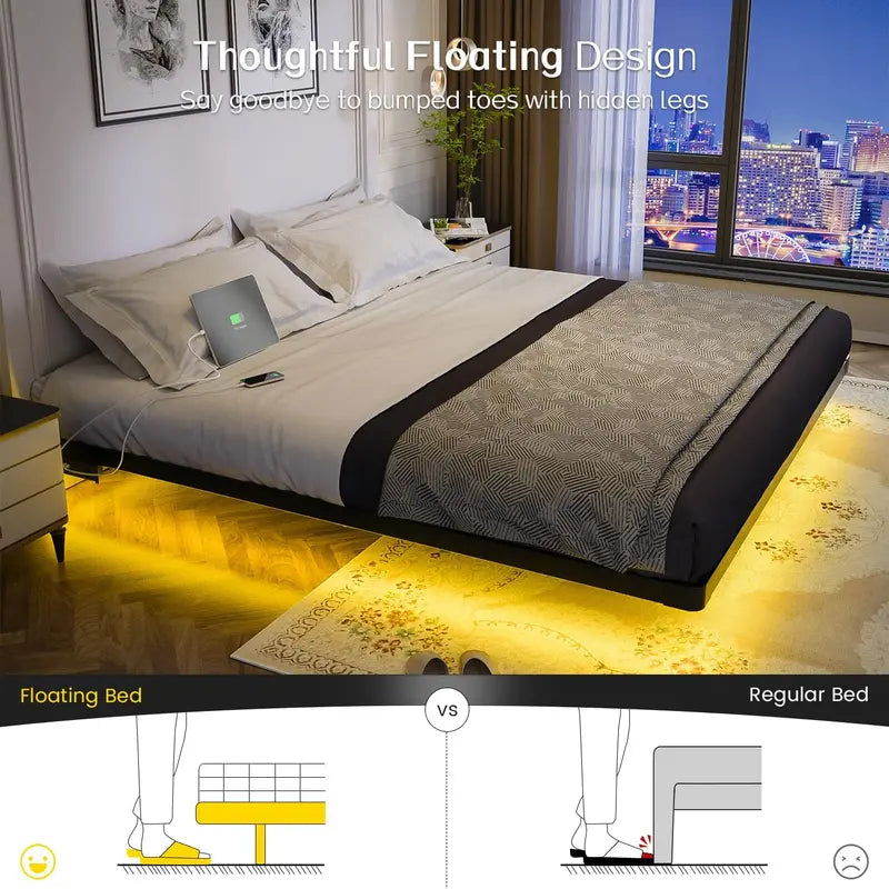 OLEVS Floating Queen Platform Bed — Smart LED Lighting, Sleek Metal Frame & Minimalist Style