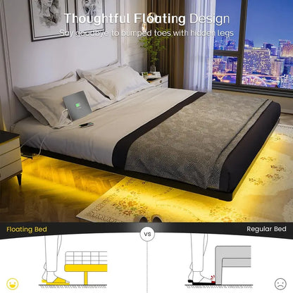 OLEVS Floating Queen Platform Bed — Smart LED Lighting, Sleek Metal Frame & Minimalist Style