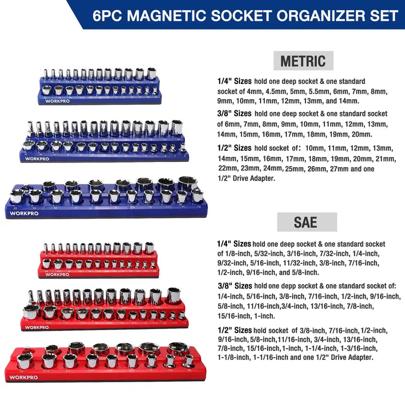WORKPRO Magnetic Socket Organizer  6-Piece Tray System for 1/4″, 3/8″, and 1/2″ Drives, Holds 141 Standard Sizes