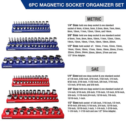 WORKPRO Magnetic Socket Organizer  6-Piece Tray System for 1/4″, 3/8″, and 1/2″ Drives, Holds 141 Standard Sizes
