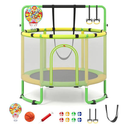 Kids’ Trampoline with Safety Enclosure  Includes Adjustable Gymnastics Bar, Swing & Basketball Hoop