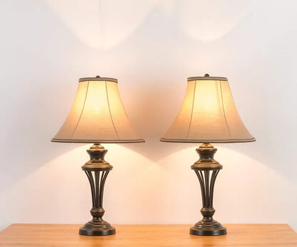 Smeike 3 Pack Vintage Style Table and Floor Lamp Set in Bronze Finish with Brown Fabric Lamp Shades