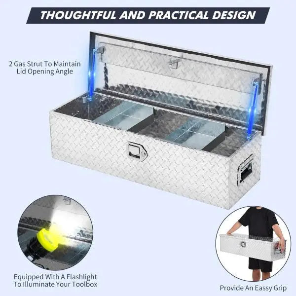 48″ Diamond Plate Truck Bed Toolbox  Silver Aluminum Storage Box with Internal Shelf