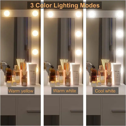 Lighted Vanity Desk Set  Adjustable Brightness Makeup Table with 3-Color LED Mirror & Matching Stool