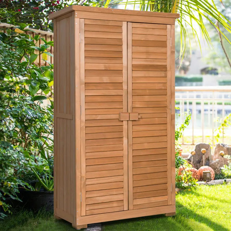 Wooden Outdoor Storage Shed  Rustic Fir Wood Garden Locker with Lockable Shutter Design