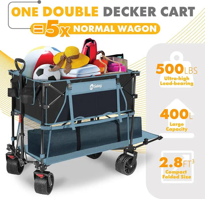 50″ Extended Double-Decker Wagon  Brake-Equipped 500 lb Folding Utility Cart with Extra-Long Frame