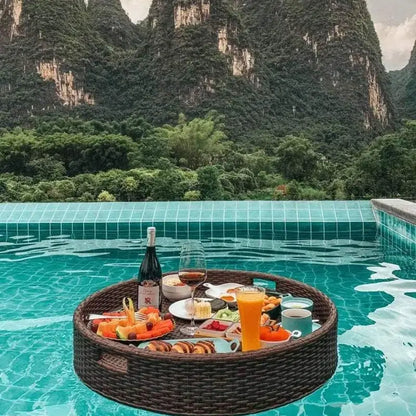 Handmade Rattan Serving Tray with Handles  Floating Breakfast Tray for Pool, Spa, Parties & Photography