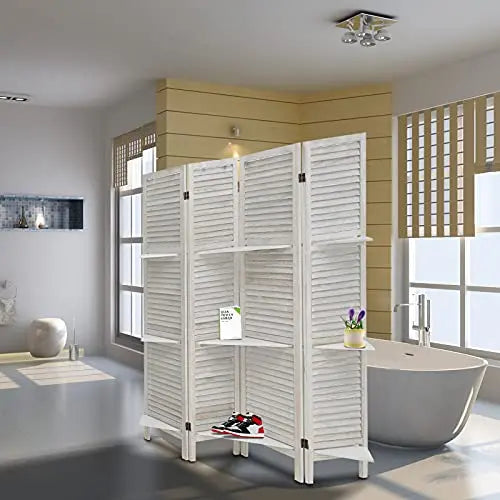 ECOMEX 4-Panel Folding Room Divider  White Privacy Screen with Built-In Shelves