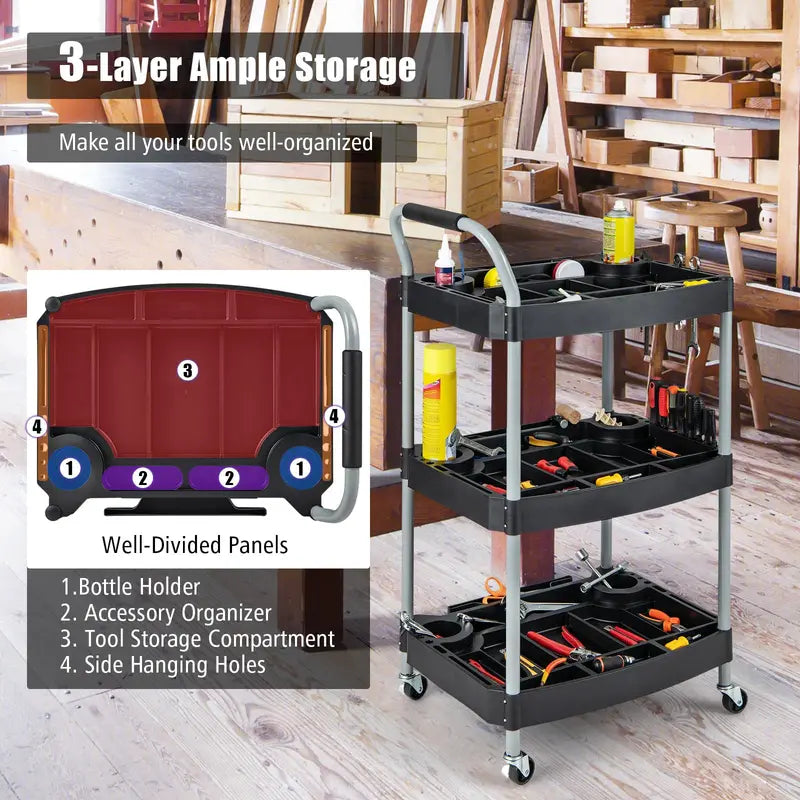 Mobile 3-Tier Tool Cart with Locking Casters and Organized Storage Compartments
