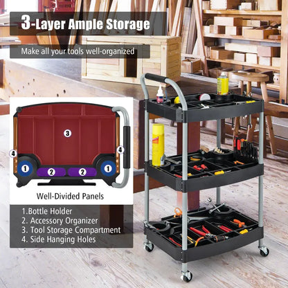 Mobile 3-Tier Tool Cart with Locking Casters and Organized Storage Compartments