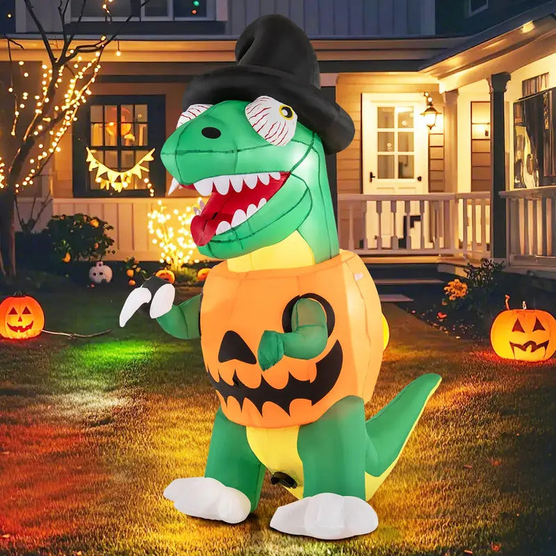 6 ft Inflatable Pumpkin Dinosaur  Yard-Sized Halloween Decoration with Integrated LED Lights & Witch Hat