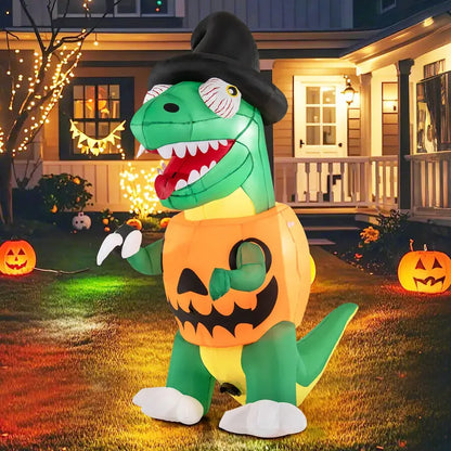 6 ft Inflatable Pumpkin Dinosaur  Yard-Sized Halloween Decoration with Integrated LED Lights & Witch Hat