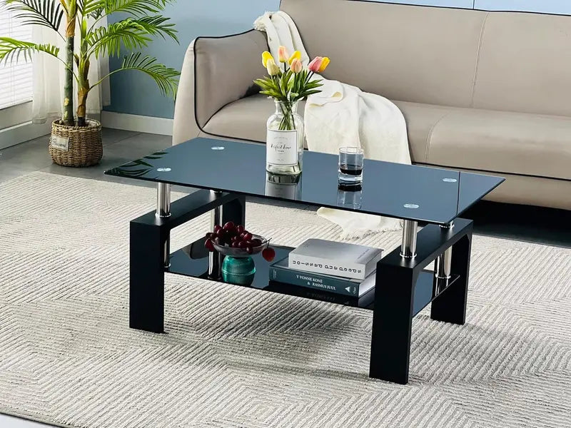Contemporary Rectangle Coffee Table  Glass-Topped Living Room Side Table with Wooden Legs, Ideal for Waiting Areas