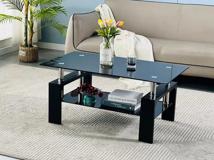 Contemporary Rectangle Coffee Table  Glass-Topped Living Room Side Table with Wooden Legs, Ideal for Waiting Areas