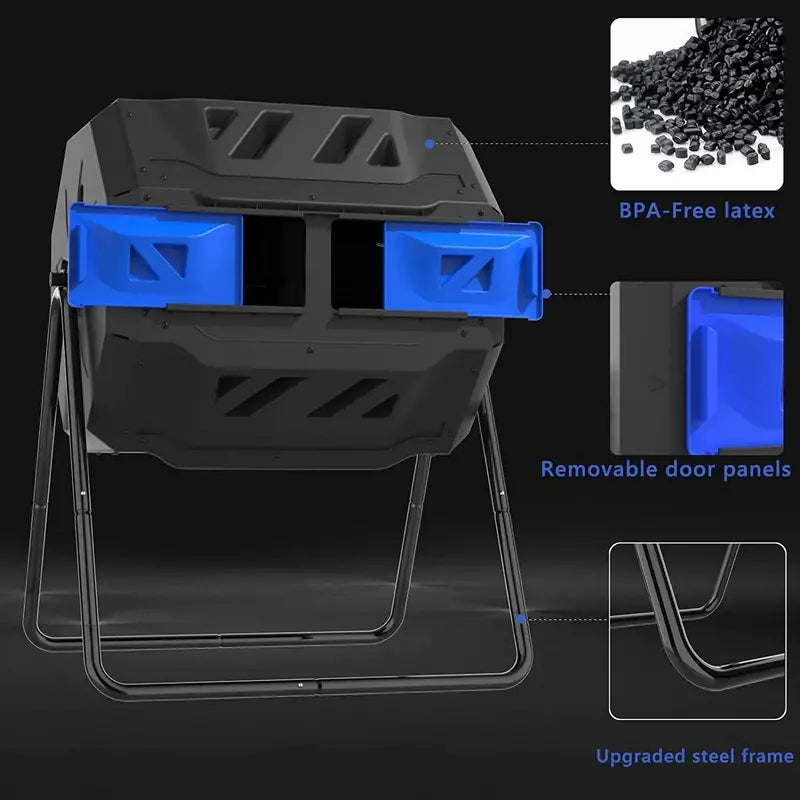 43-Gallon Dual-Chamber Compost Tumbler with Enhanced Aeration, BPA-Free Construction, and Sturdy Steel Frame  Blue Door