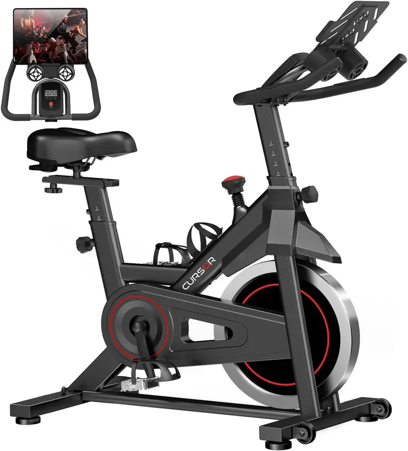 CURSOR FITNESS Indoor Cycling Bike  Silent Belt-Drive Stationary Bike with Ergonomic Seat, iPad Mount & Triple Bottle Holders