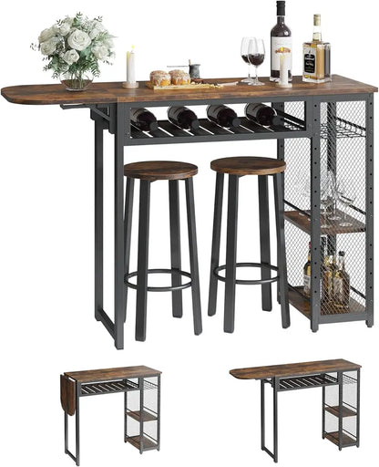 Expandable Industrial Bar Table Set  Includes 2 Stools, Wine Rack, 3-Tier Adjustable Shelving & Counter Height Design, Rustic Brown Finish