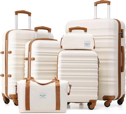 LONG VACATION 6-Piece ABS+PC Hardshell Luggage Set with Spinner Wheels and Carry-On Suitcase