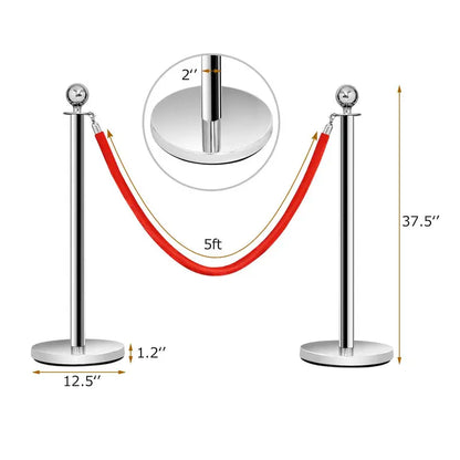 6-Piece Stainless Steel Queue Management Set  Polished Round-Top Stanchions with Retractable Belts