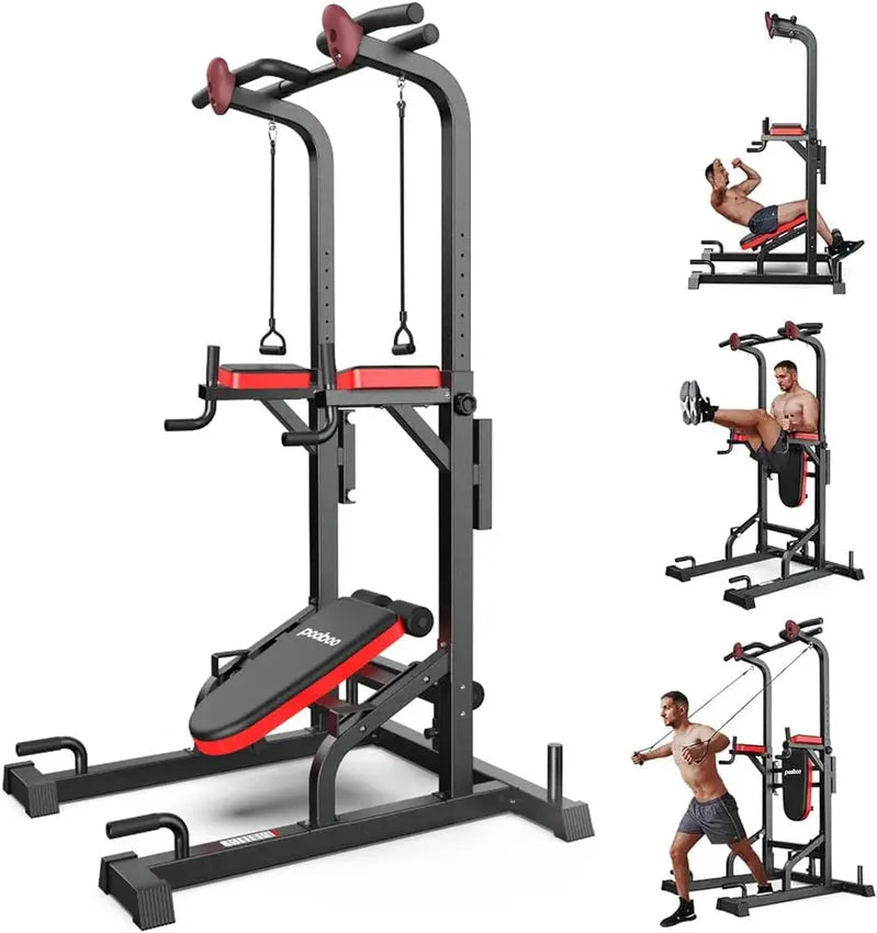 Pooboo Power Tower with Dip Station, Pull-Up Bar & Adjustable Supine Board  Home Gym Station