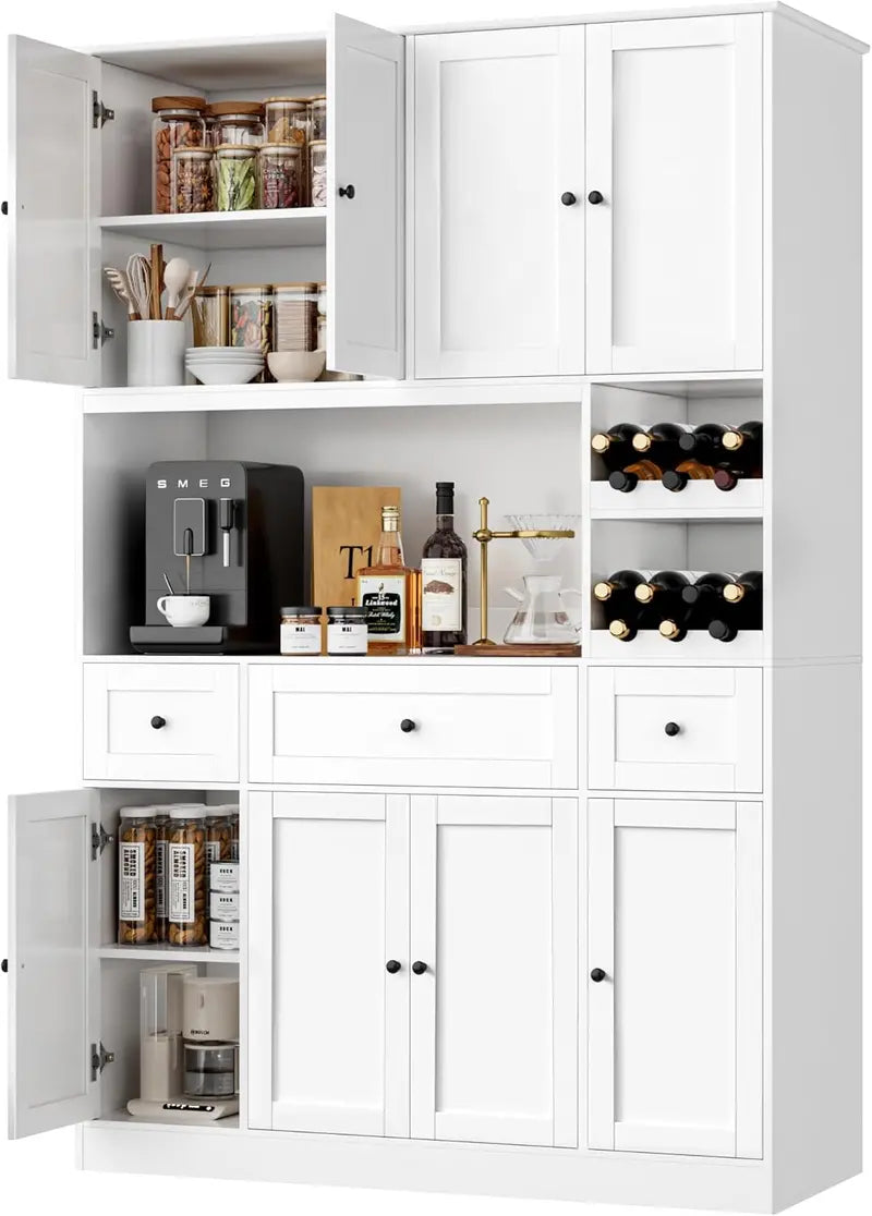 White 72-Inch Tall Kitchen Pantry  Integrated Wine Rack & Microwave Stand with Ample Storage