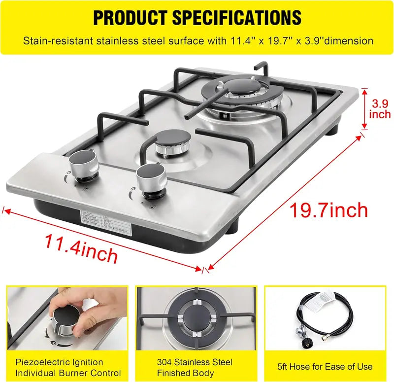 Forimo 12-Inch Stainless Steel Dual-Fuel Gas Cooktop  Seamless Cleaning Design