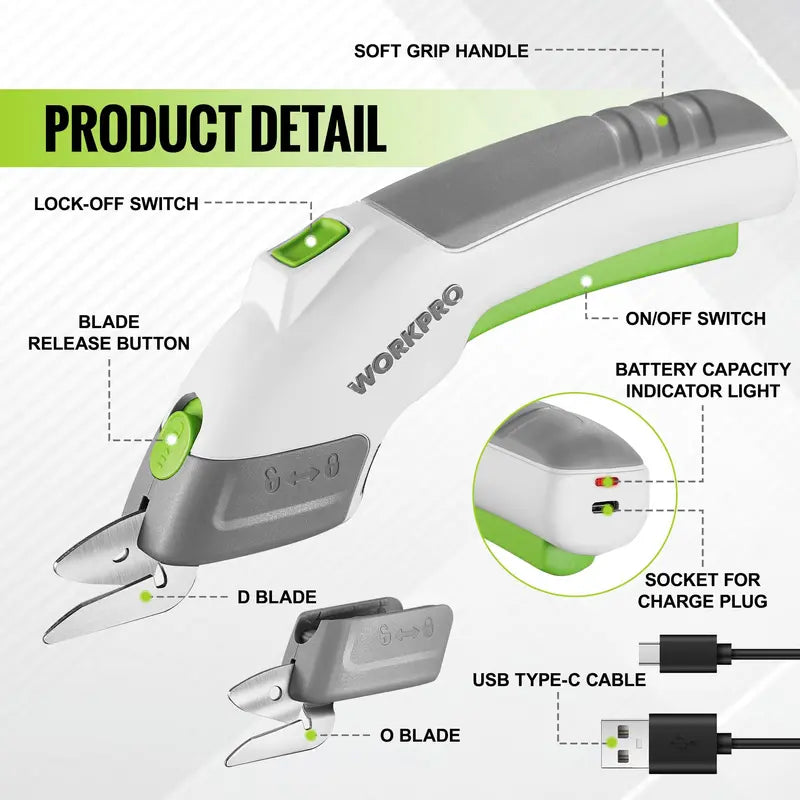 WORKPRO 4V Dual-Blade Cordless Electric Scissors  Rechargeable & Lightweight