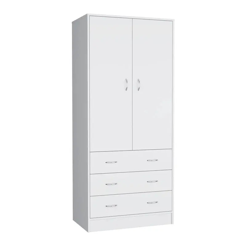 Modern Double-Door Armoire  19-Inch Wide Wardrobe Cabinet with Hanging Rod and Three Drawers