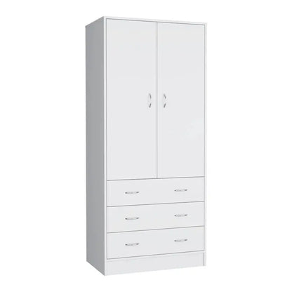 Modern Double-Door Armoire  19-Inch Wide Wardrobe Cabinet with Hanging Rod and Three Drawers