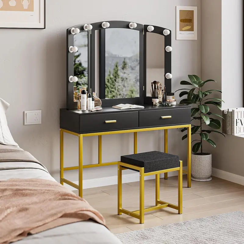 White LED Vanity Desk  39.4-Inch Makeup Table with Mirror, 10 Lights, Power Strip & Stool Included