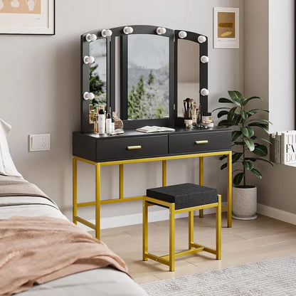 White LED Vanity Desk  39.4-Inch Makeup Table with Mirror, 10 Lights, Power Strip & Stool Included