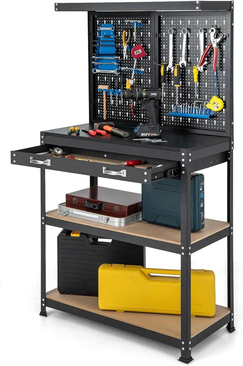 Compact 32″ x 16″ Workbench with Pegboard, Dual Shelves, and Worktop