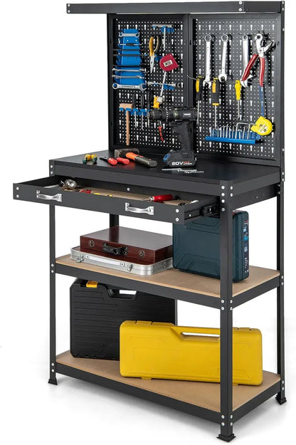 Compact 32″ x 16″ Workbench with Pegboard, Dual Shelves, and Worktop
