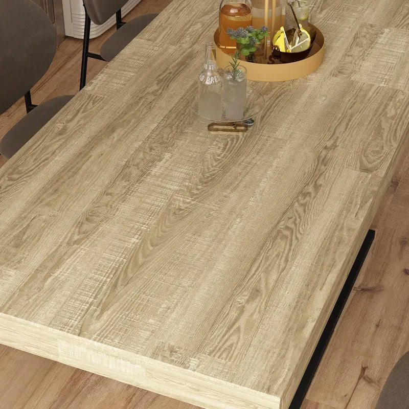 Extendable Oak-and-Black Dining Table  63″ to 78.7″ Rectangular Table with Metal Legs for 68 Guests