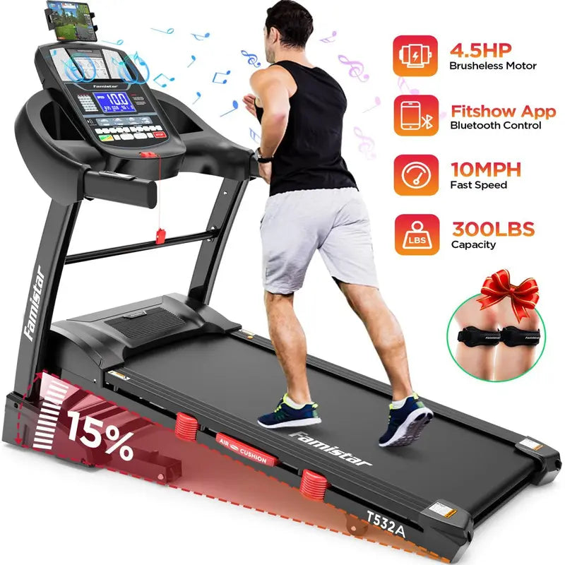 Foldable Home Treadmill  4.5 HP Motor, 15 Auto Incline Levels, 10 MPH Max Speed, 300 LB Weight Capacity