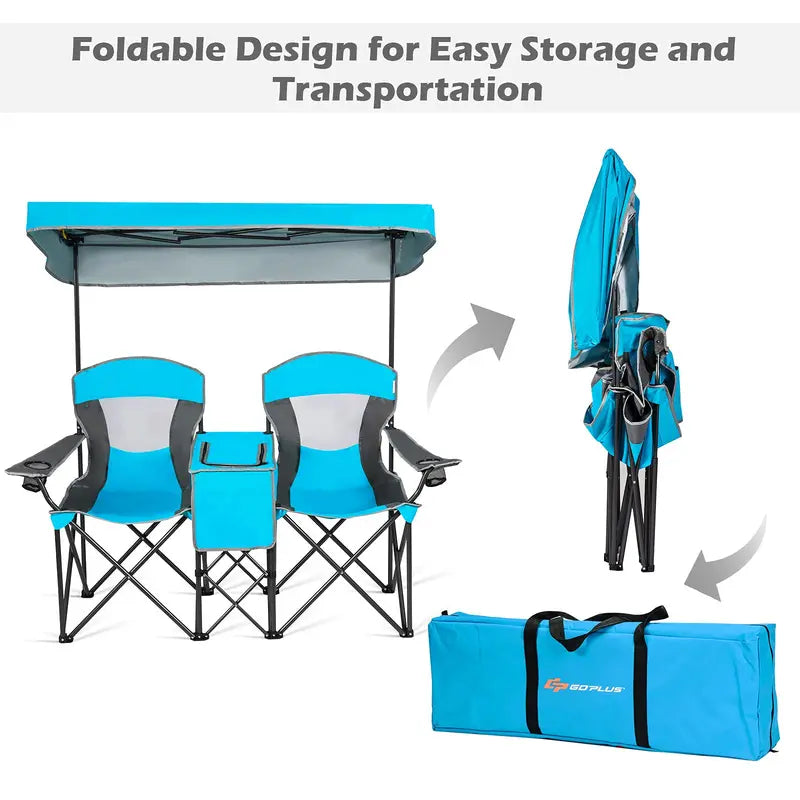 Dual-Person Camping Chair with Integrated Shade Canopy