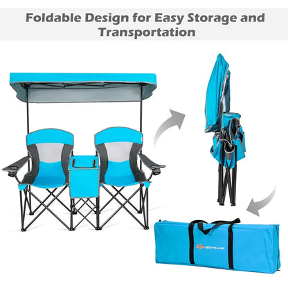 Dual-Person Camping Chair with Integrated Shade Canopy