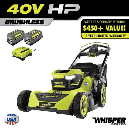 Ryobi 40V HP Brushless AWD Self-Propelled Lawn Mower  21-Inch Deck, Whisper Series, Includes 2×6.0Ah Batteries & Charger