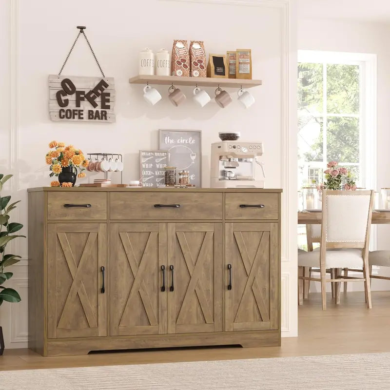 55-Inch Modern Farmhouse Sideboard  Large Storage Buffet with Doors, Shelves & Coffee Bar Style