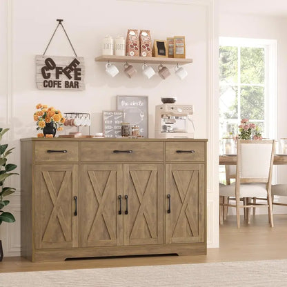55-Inch Modern Farmhouse Sideboard  Large Storage Buffet with Doors, Shelves & Coffee Bar Style