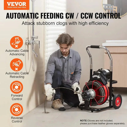 100-Foot Auto-Feed Drain Snake Auger  1/2-Inch Cable, Wheeled Sewer Cleaner Machine