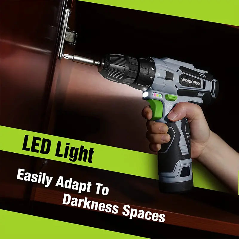 WORKPRO 12V Keyless Chuck Cordless Drill Driver with Charger and Carry Bag