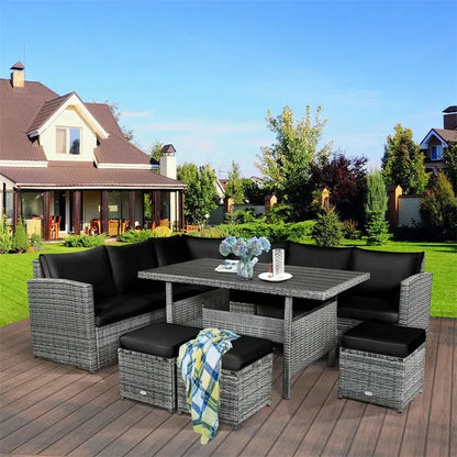 7-Piece Rattan Patio Dining Set  Sectional Sofa, Table, Ottomans & Weather-Resistant Cushions