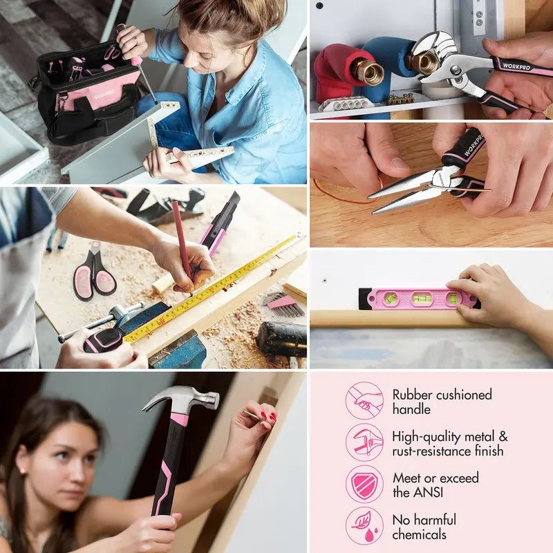 WORKPRO 157-Piece Household Tool Kit with 20V Cordless Drill Driver  Pink Ribbon Edition