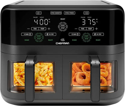 Chefman 6-Quart Dual-Basket Air Fryer  Independent 3-Quart Bins, Easy-View Window & Nonstick Ceramic Coating